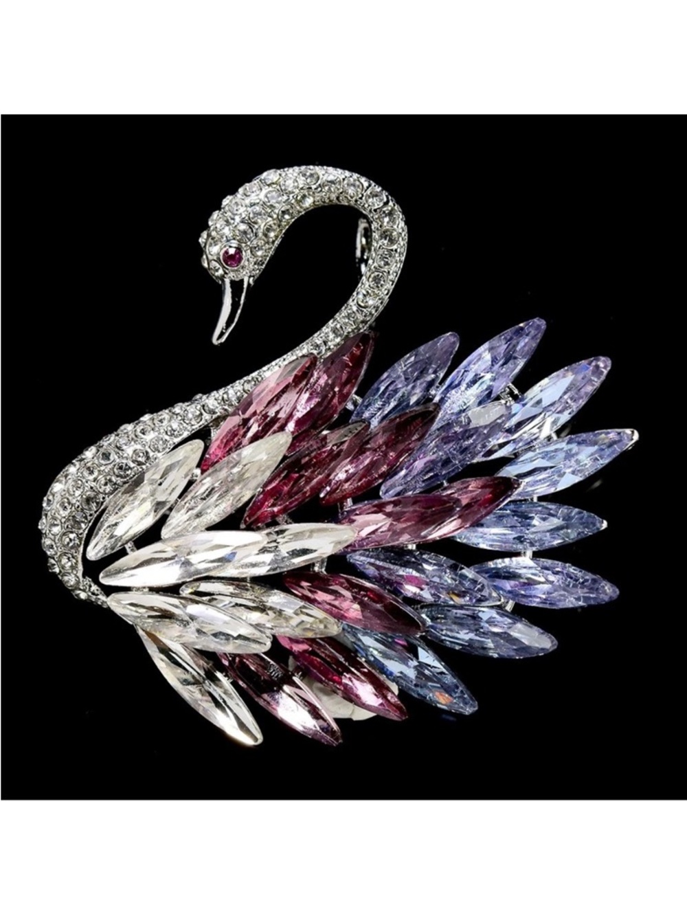 Multi colored Crystal Swan Brooch / Pendant 14K White Gold over Stainless Steel